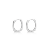 Fine jewellery, silver jewellery, hypoallergenic, tarnish-free, close-up left view of a Pair of squarish silver hoop earrings on a white background